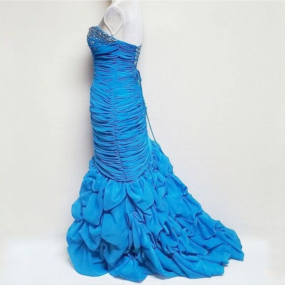 JOLI Prom Blues Ruched Sequin Beaded Bubble Hem Strapless Formal Maxi Dress 12 - Picture 9 of 16